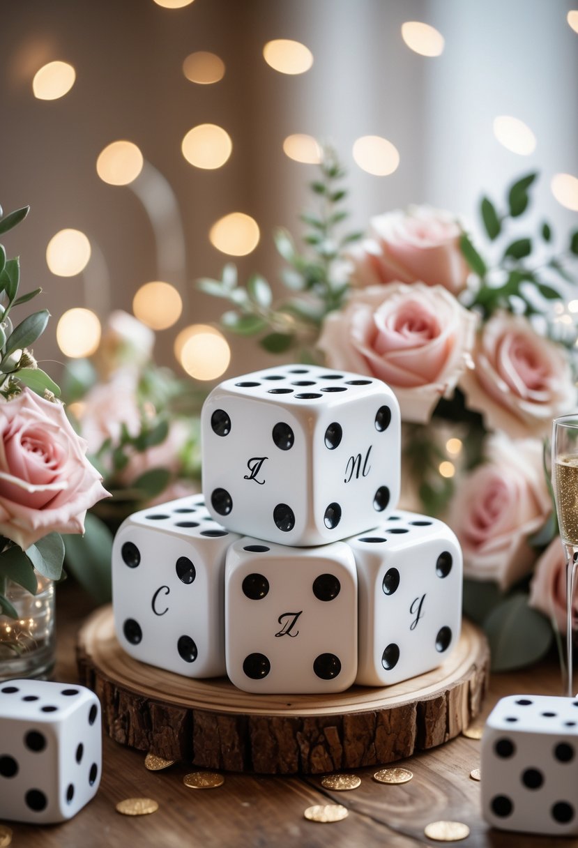 A table with personalized dice used as a wedding guestbook surrounded by flowers, confetti, and fairy lights.