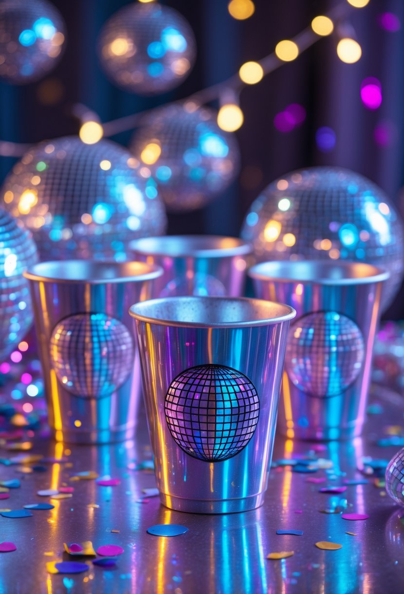 A table with iridescent party cups decorated with disco ball patterns surrounded by festive confetti and soft colorful lighting.