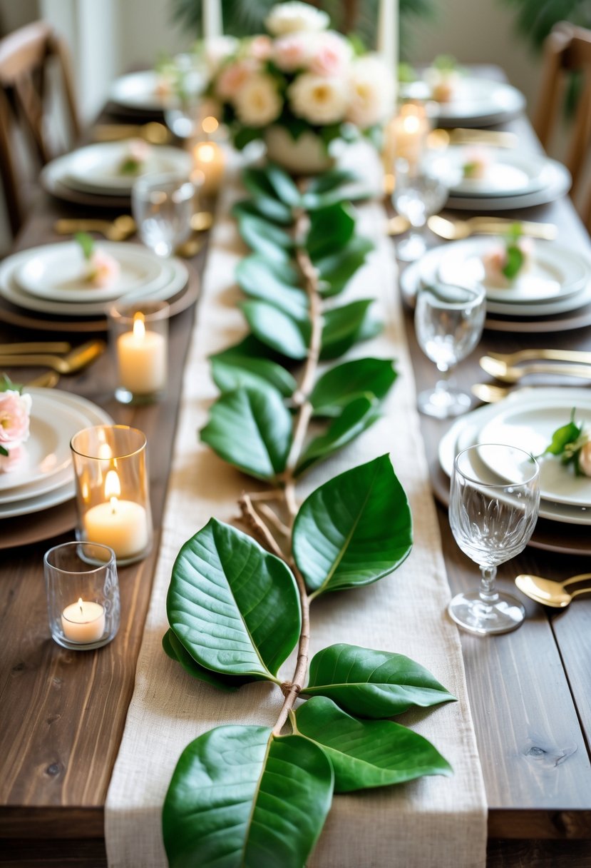 A decorated table with green Southern Magnolia leaf runners, floral arrangements, candles, and gold accents set for a festive party.
