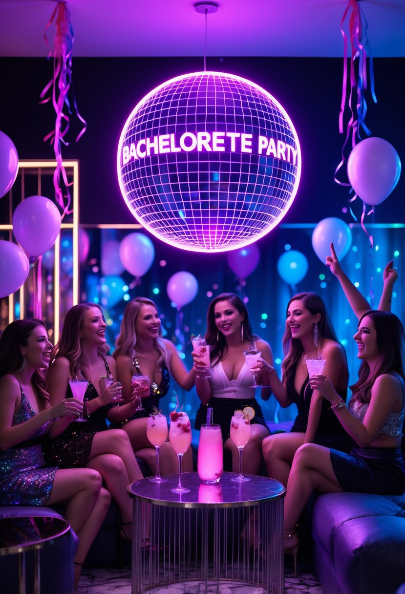 A group of young women celebrating a bachelorette party in a lounge with colorful neon disco lighting and festive decorations.
