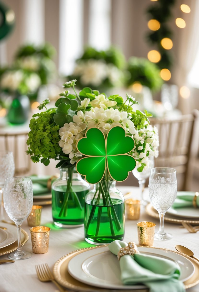 A table set with green four-leaf clover centerpieces, white flowers, and glassware, prepared for a bachelorette party celebration.