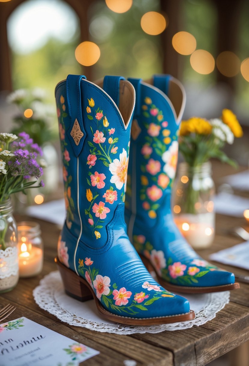 Close-up of hand-painted cowboy boot place cards on a wooden table with flowers and soft lighting.