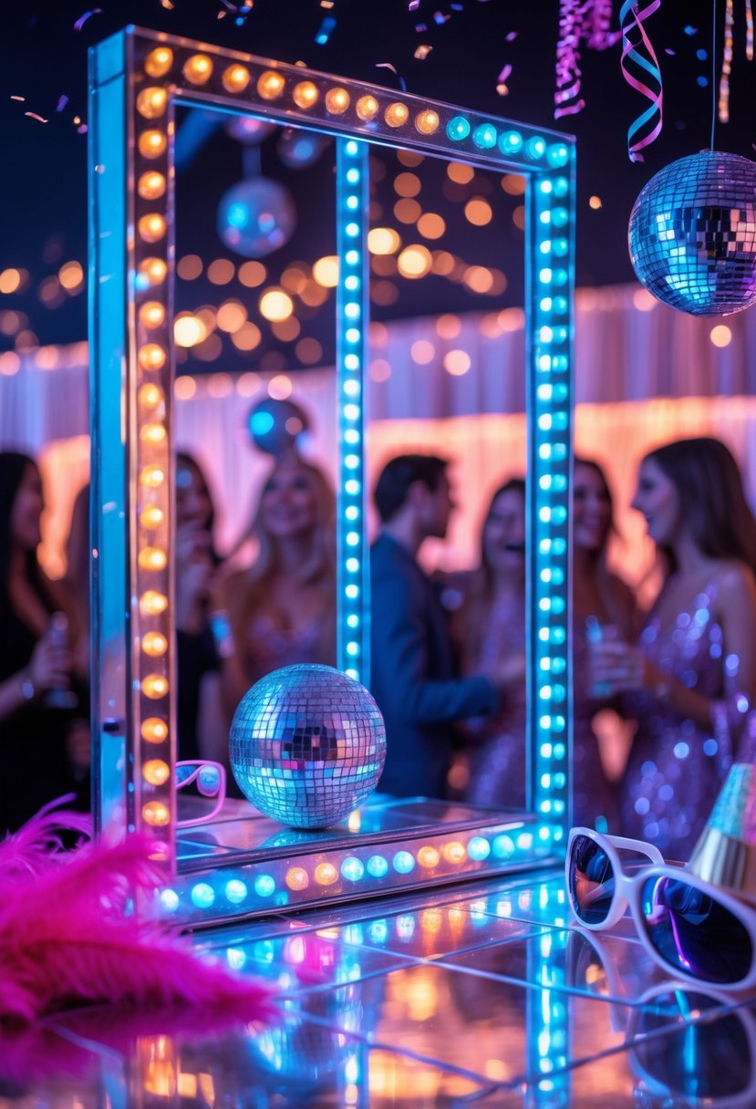 A colorful disco-themed photo booth decorated with mirror tiles and disco balls surrounded by party props and festive lighting.