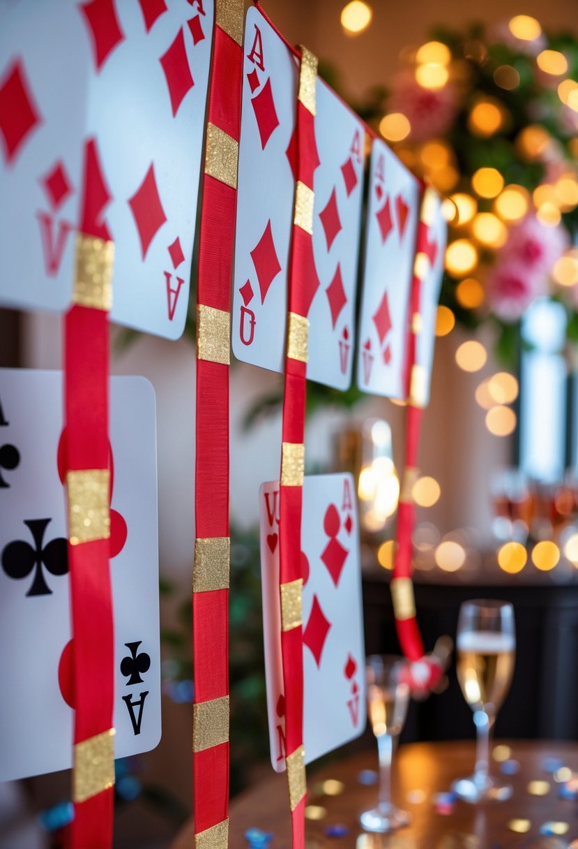 A colorful playing card garland hanging as party decoration with flowers, champagne glasses, and confetti on a table.