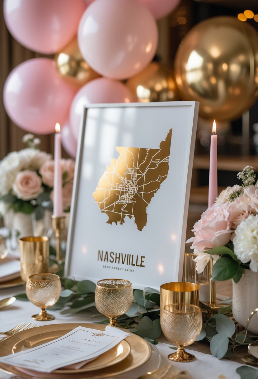 A stylish bachelorette party table decorated with gold foil Nashville map prints, balloons, flowers, and candles in a warm indoor setting.