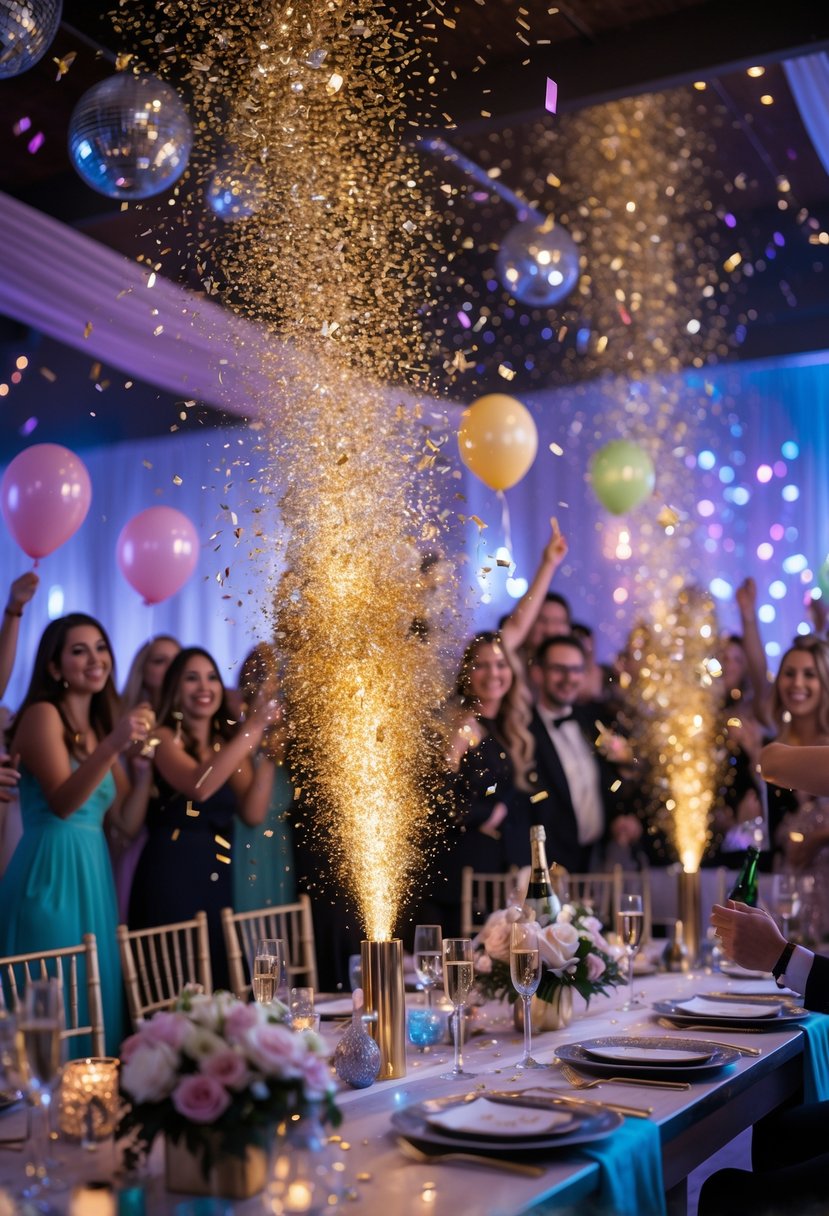 Confetti cannons releasing sparkling confetti at a lively bachelorette party with balloons, lights, and guests celebrating.