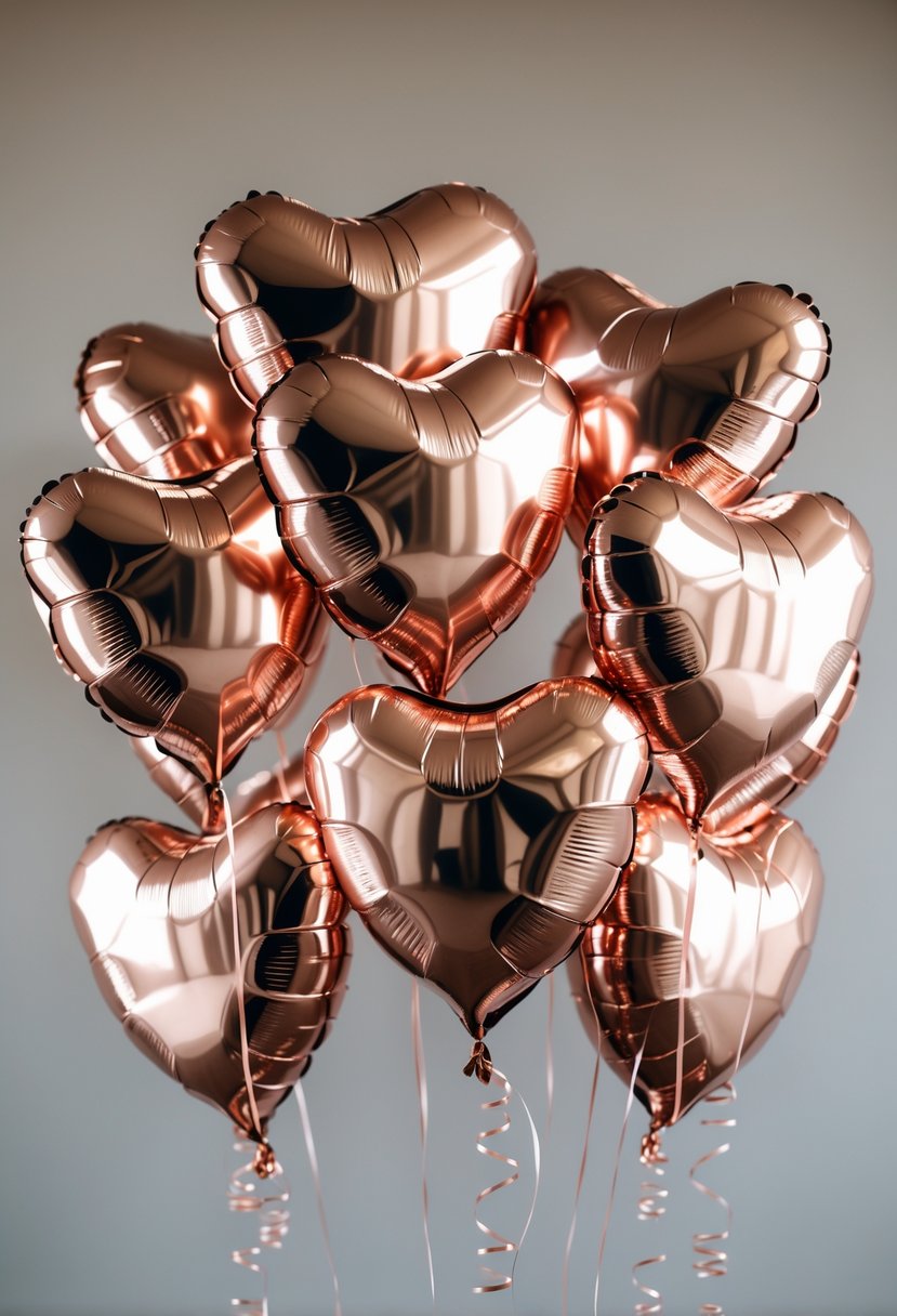 A cluster of shiny rose gold heart-shaped balloons floating against a soft neutral background.