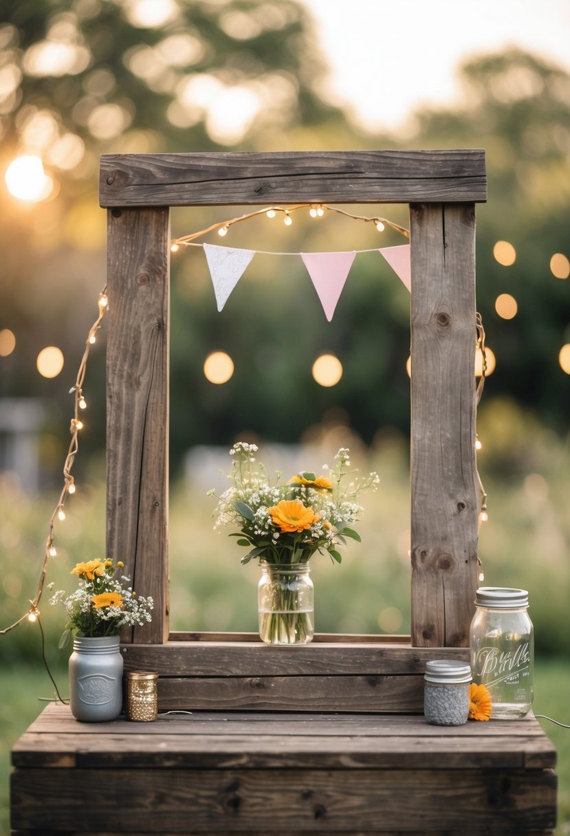 A rustic barnwood photo booth frame surrounded by decorative elements and greenery outdoors.