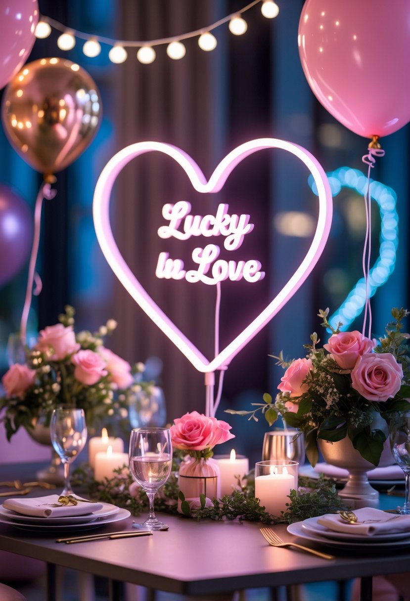 A decorated bachelorette party scene with balloons, flowers, string lights, and a glowing heart-shaped neon sign creating a warm and festive atmosphere.