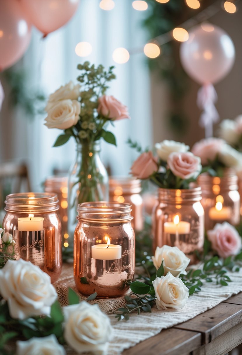 Copper mason jar candle holders with lit candles on a wooden table decorated with flowers and party decorations.