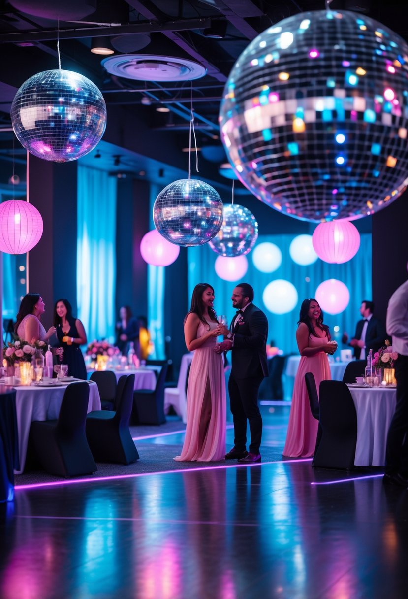 Indoor party scene with large inflatable disco balls scattered around a decorated venue with colorful lighting and guests in the background.