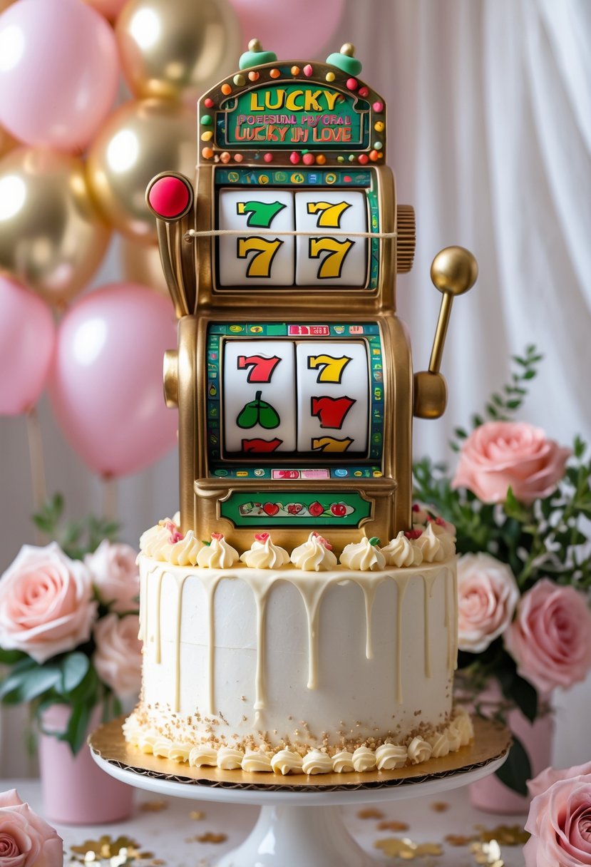 A vintage slot machine cake topper on a decorated white cake surrounded by pink and gold bachelorette party decorations.