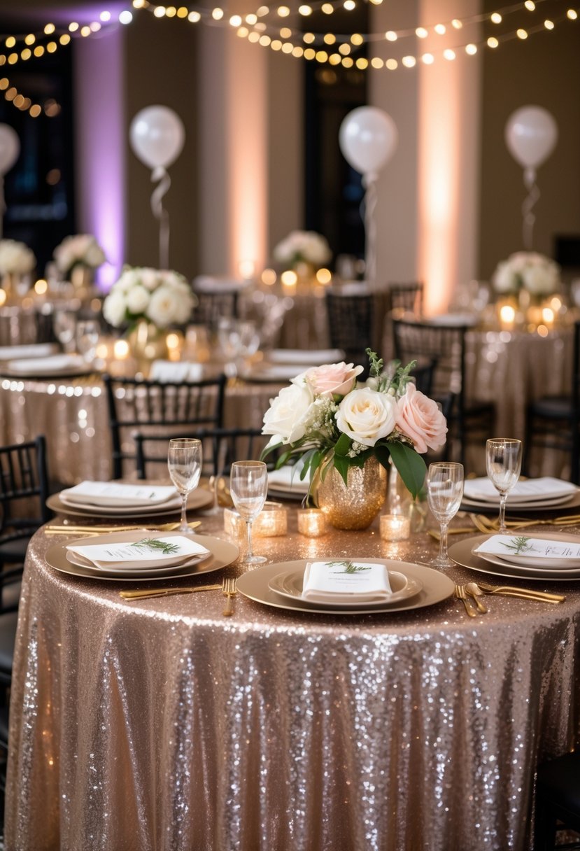 A party table covered with a champagne sequin tablecloth, decorated with flowers, glassware, and soft lighting.