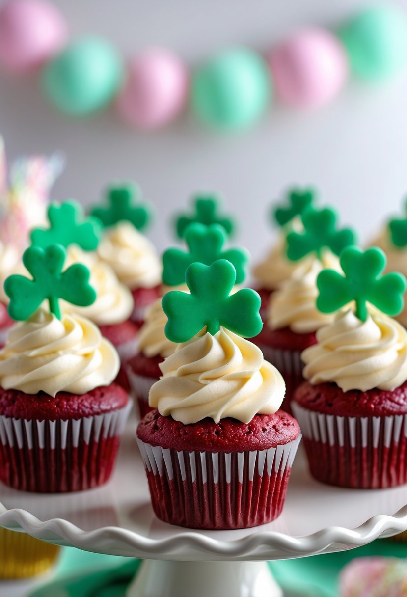 Close-up of red velvet cupcakes with cream cheese frosting and green clover toppers arranged on a white platter.