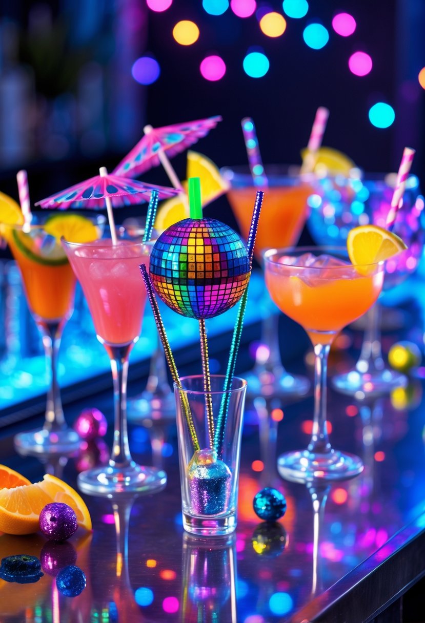 A collection of colorful disco-themed drink stirrers displayed with cocktails on a bar counter, surrounded by party lights.