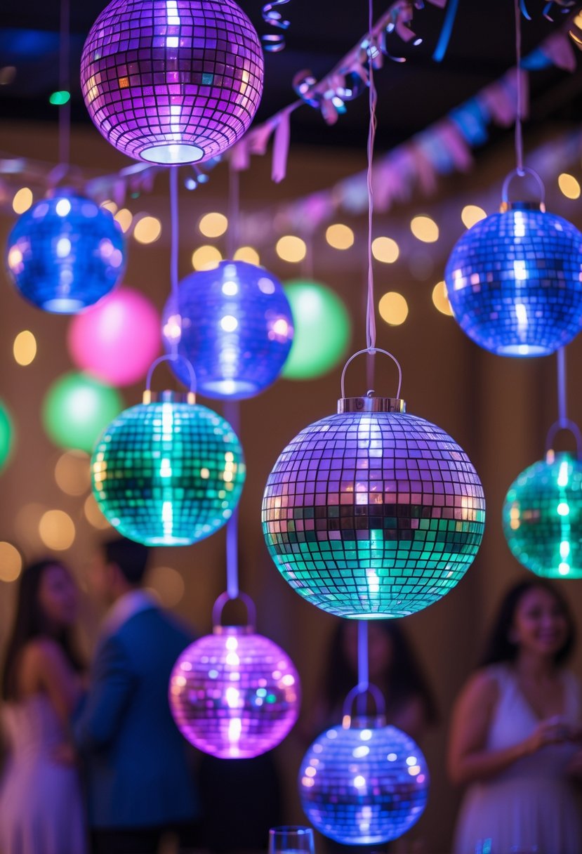Multiple colorful disco ball lanterns hanging and glowing with bright lights in a festive party setting.