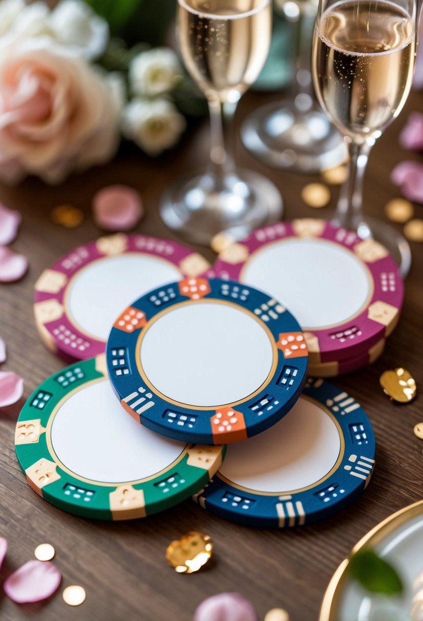 A set of colorful casino chip coasters on a wooden table surrounded by bachelorette party decorations including confetti, flower petals, and champagne glasses.