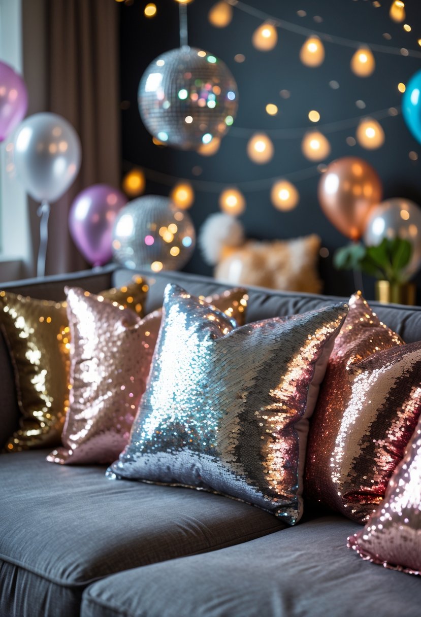 A sofa with sparkling sequin pillow covers and disco-themed party decorations in the background.