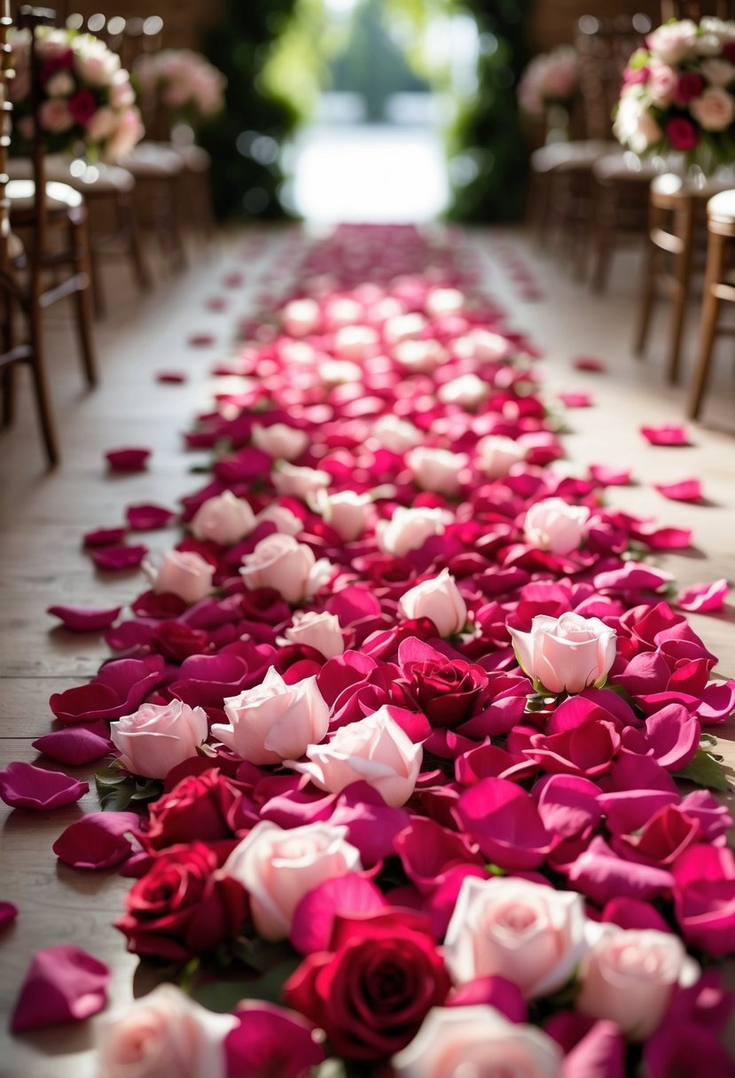 A wedding aisle covered with pink and red silk rose petals in a decorated venue.