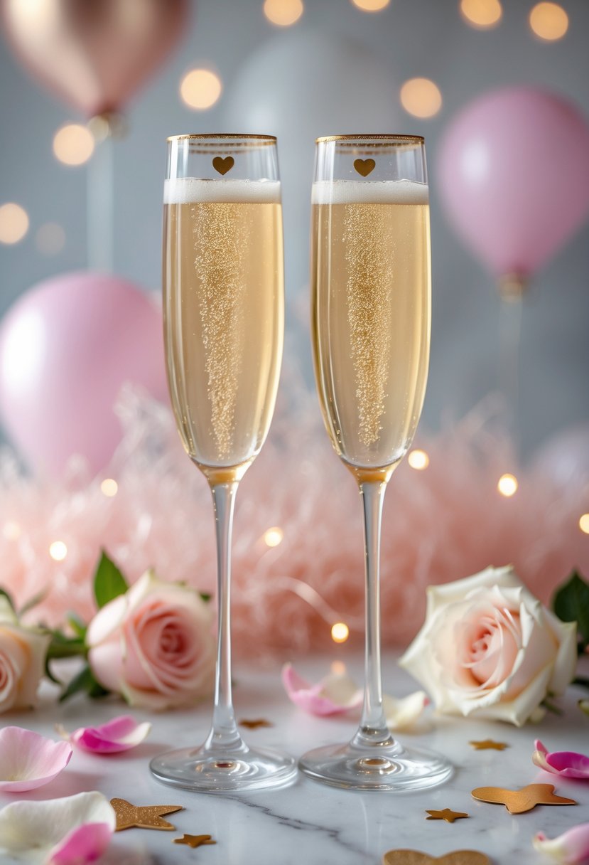 Two champagne flutes filled with bubbly champagne on a marble surface, surrounded by rose petals and gold confetti, with soft party decorations blurred in the background.
