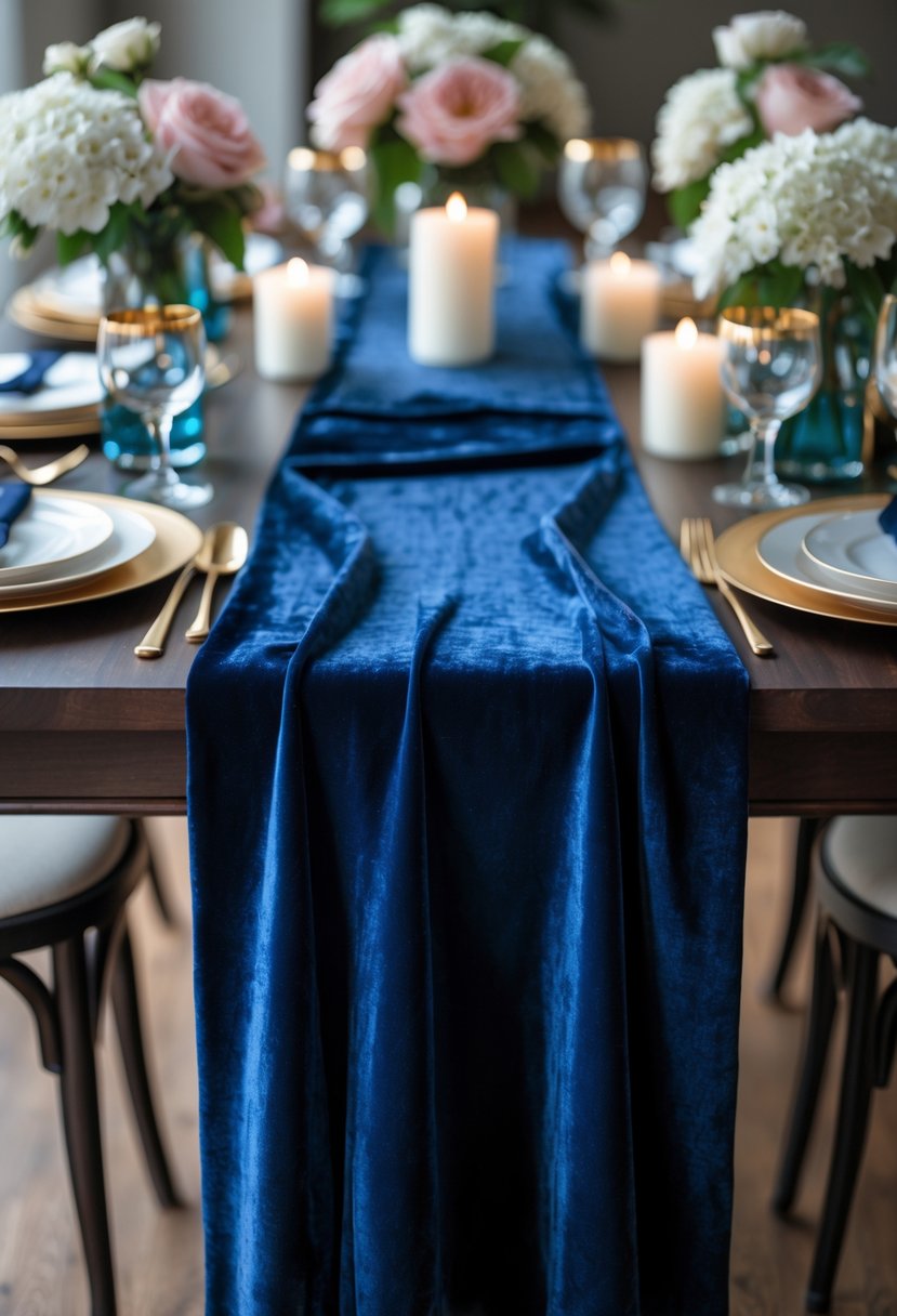 A wooden table with a navy blue velvet table runner, white and pink flowers, candles, and elegant glassware arranged for a bachelorette party.