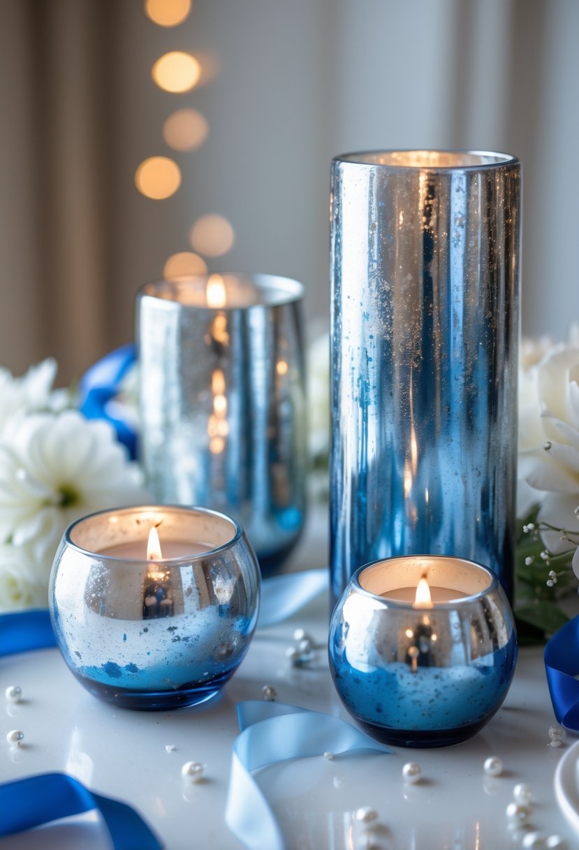 An arrangement of silver and blue mercury glass candle holders on a table with white flowers and blue ribbons.