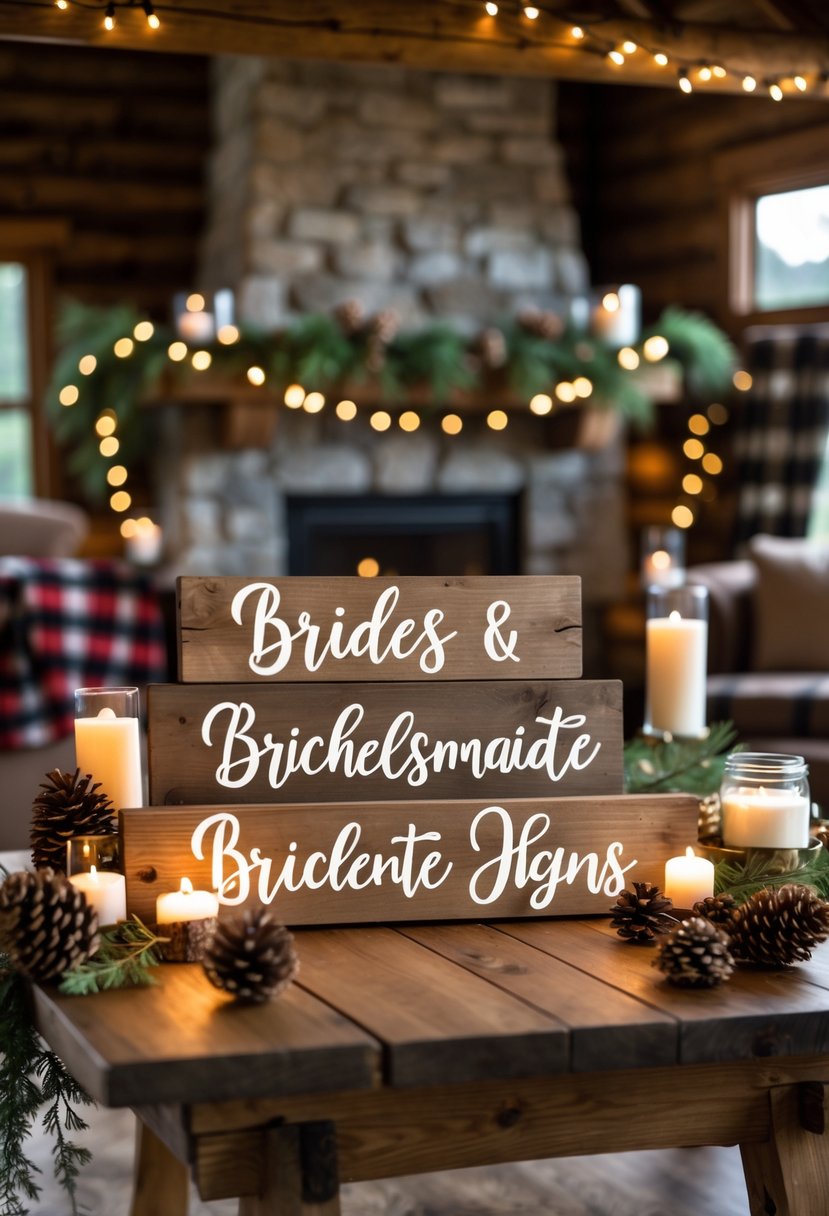 Rustic wooden signs displayed in a cozy cabin setting with natural decorations and warm lighting.