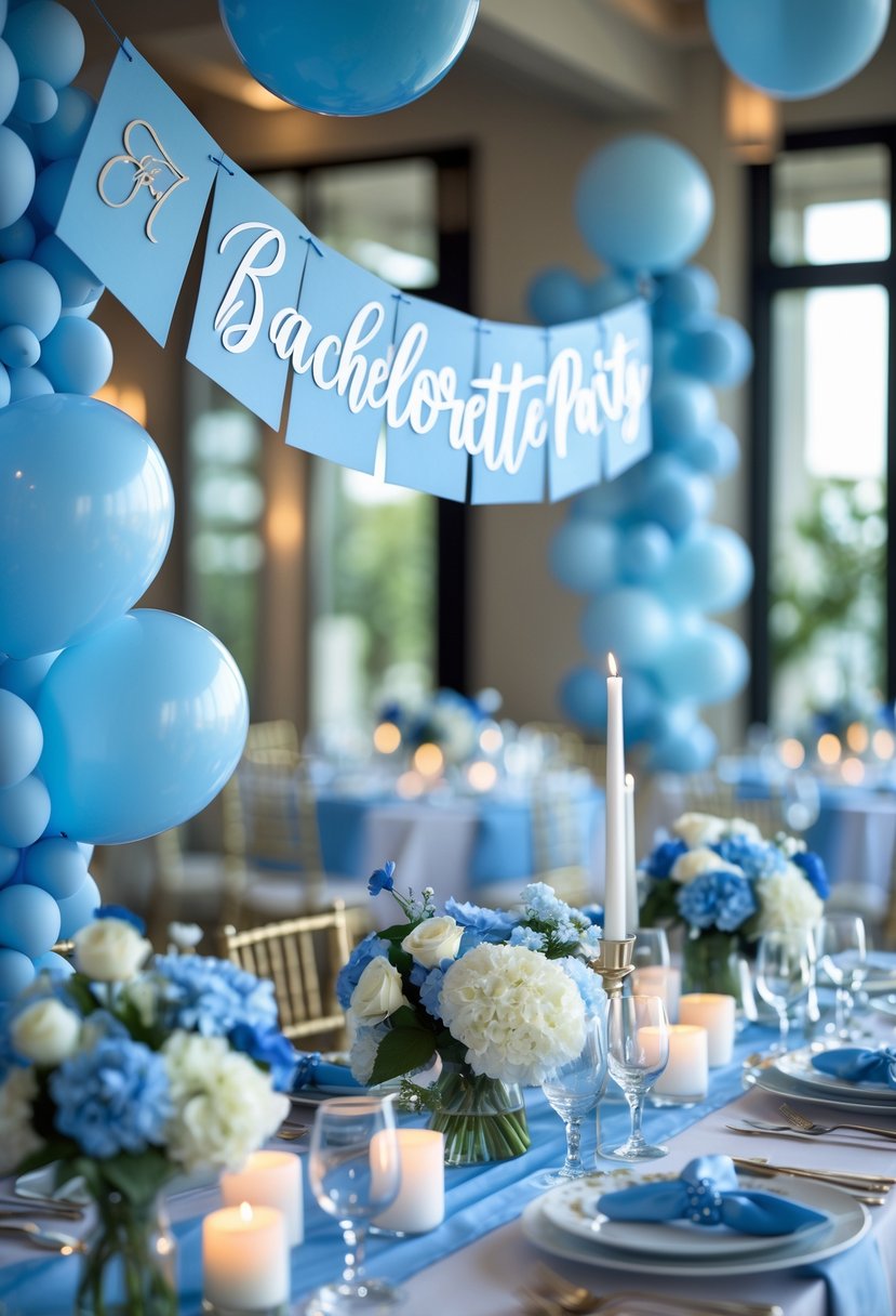 A decorated indoor space with a blue script banner, blue balloons, floral arrangements, and elegant table settings for a bachelorette party.
