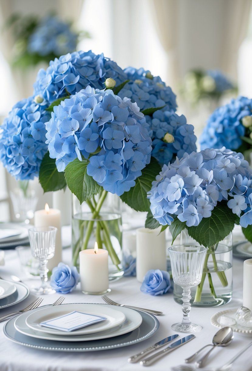 Blue hydrangea floral centerpieces arranged on a table with candles and table settings.