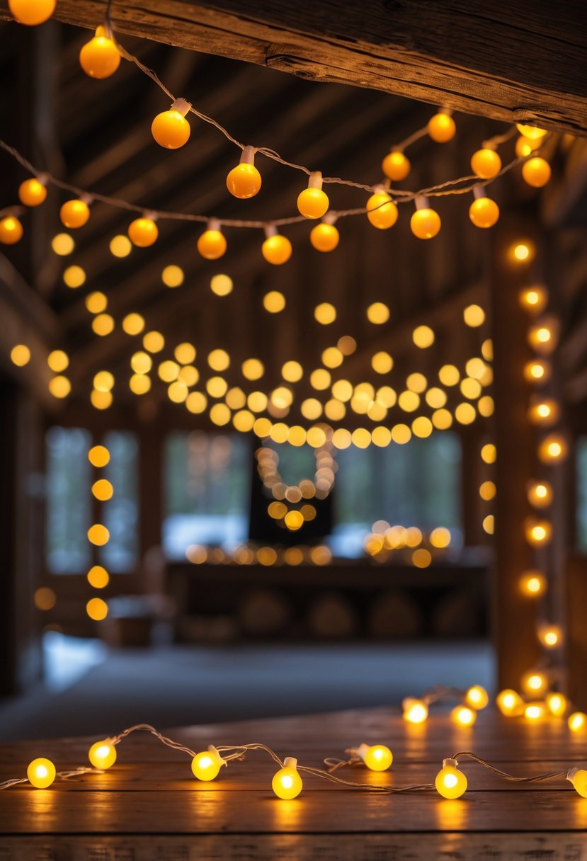 Warm string lights with glowing bulbs hanging from wooden ceiling beams inside a cozy cabin.