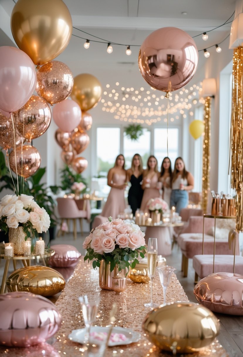 A decorated indoor bachelorette party scene with balloons, floral centerpieces, fairy lights, and festive table settings.