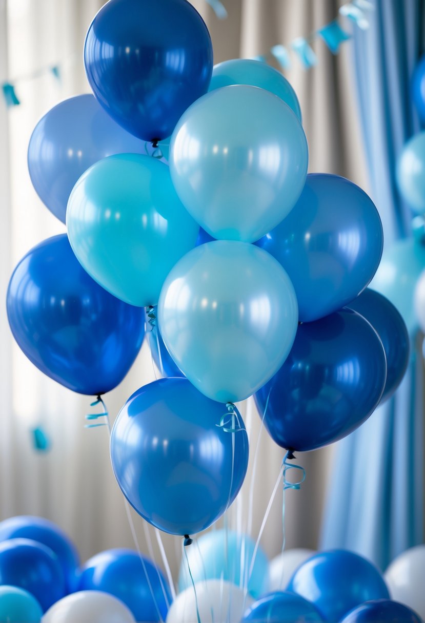 A cluster of blue ombre balloons in shades from dark to light blue arranged for a celebration.