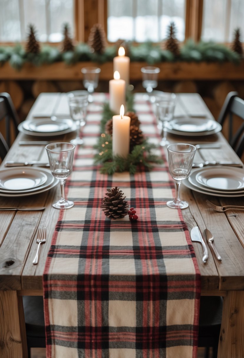 A rustic wooden table set with plaid flannel table runners and napkins, white plates, silverware, glassware, pinecones, evergreen branches, and candles.