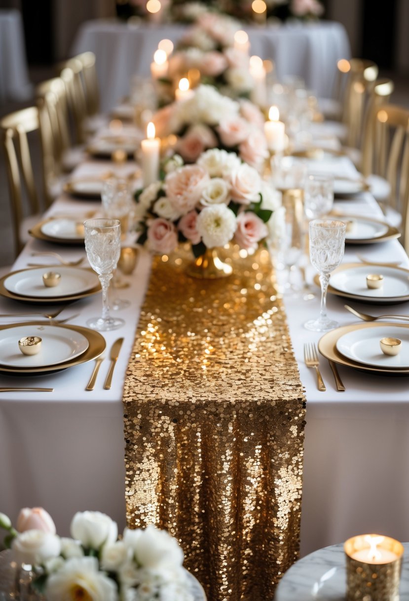 A decorated table with golden sequin runners, floral arrangements, glassware, and candles set for a bachelorette party.