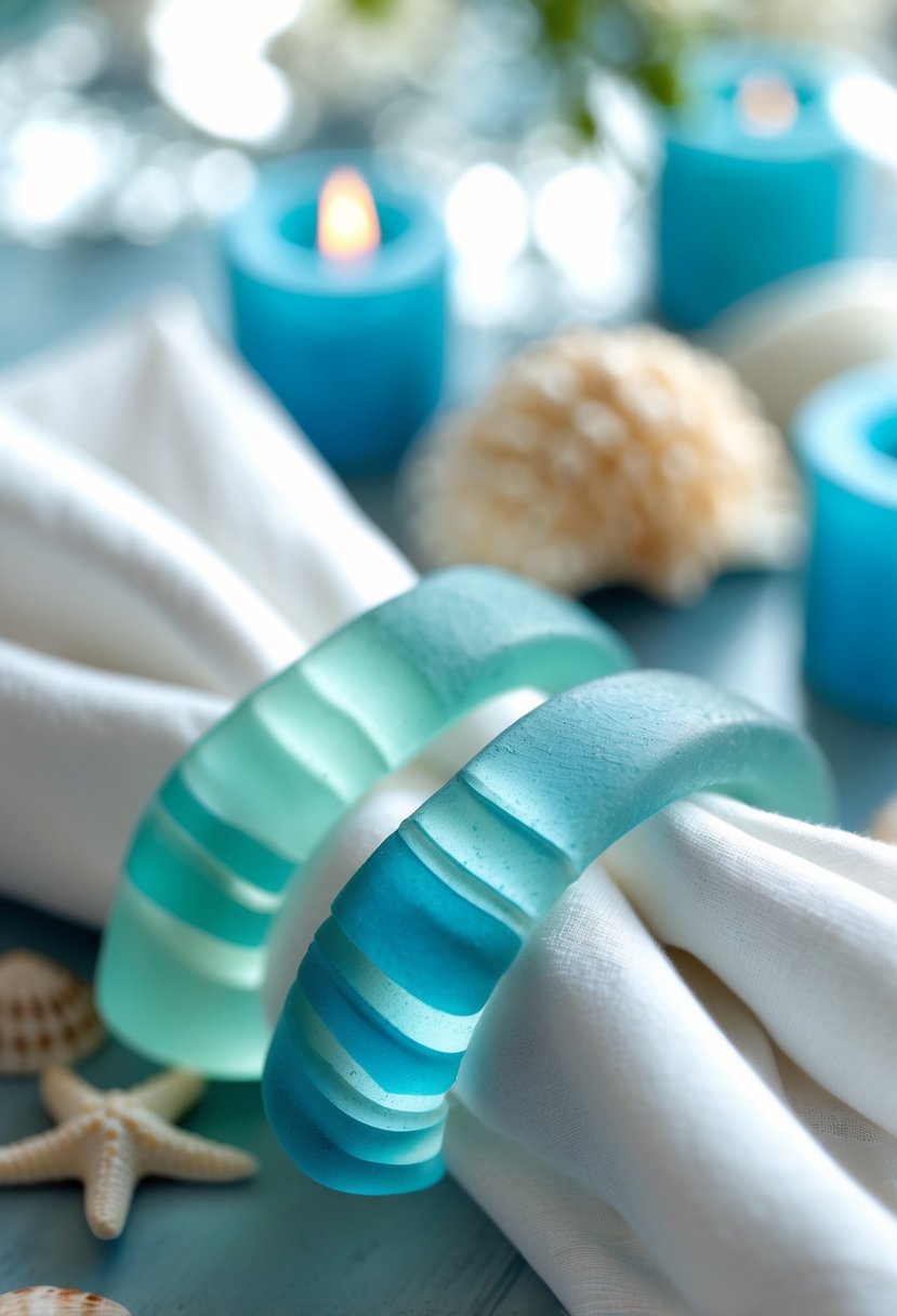Close-up of blue sea glass napkin rings on white folded napkins at a decorated table with seashells and candles.
