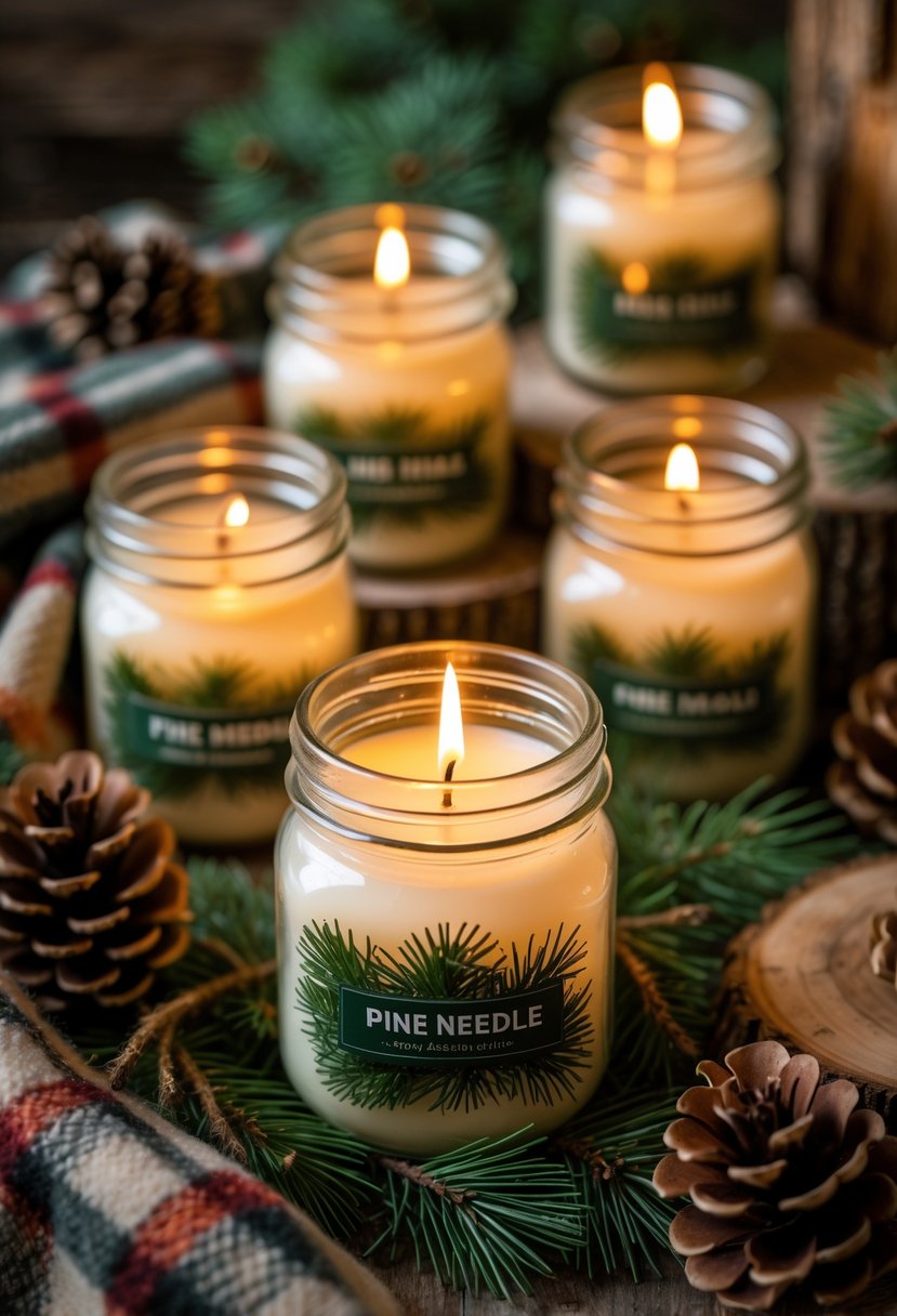 Mason jar candles glowing warmly on a wooden surface surrounded by pine needles and pine cones.