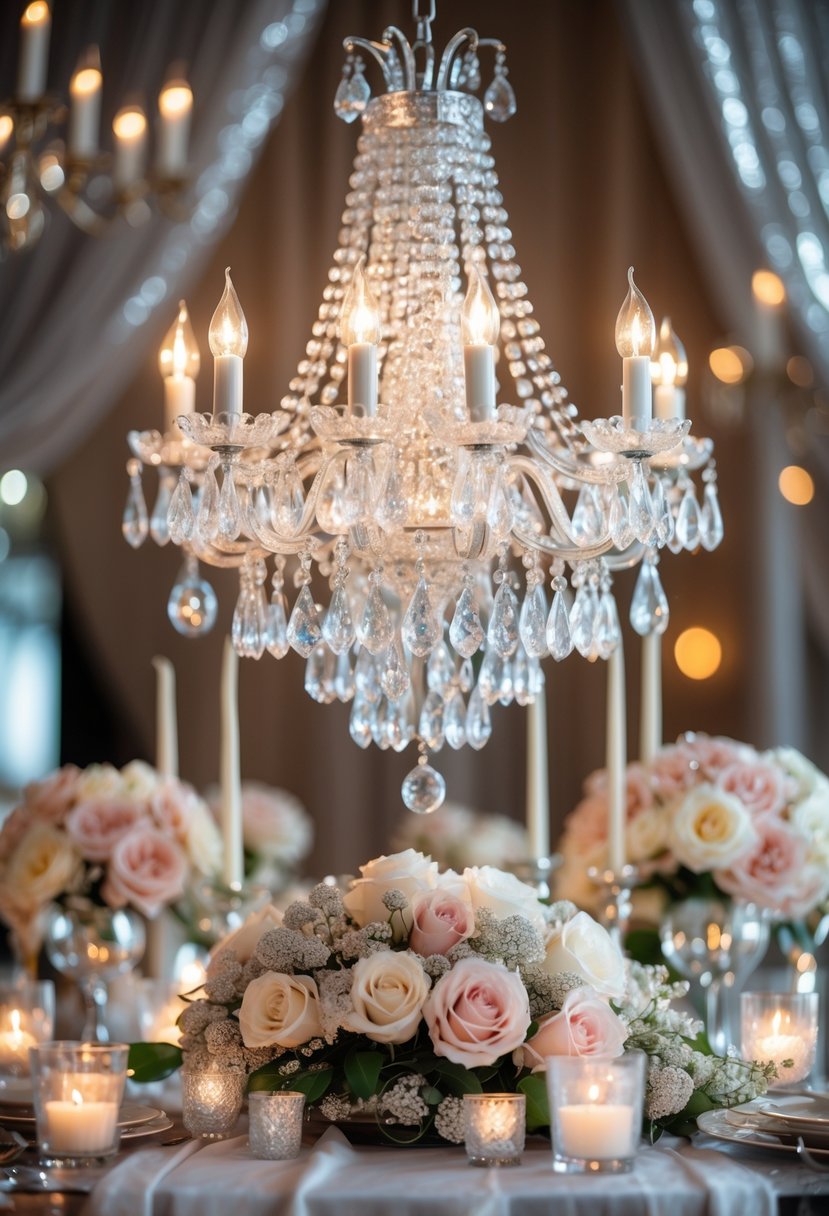 A crystal chandelier centerpiece surrounded by flowers and candles at a bachelorette party.