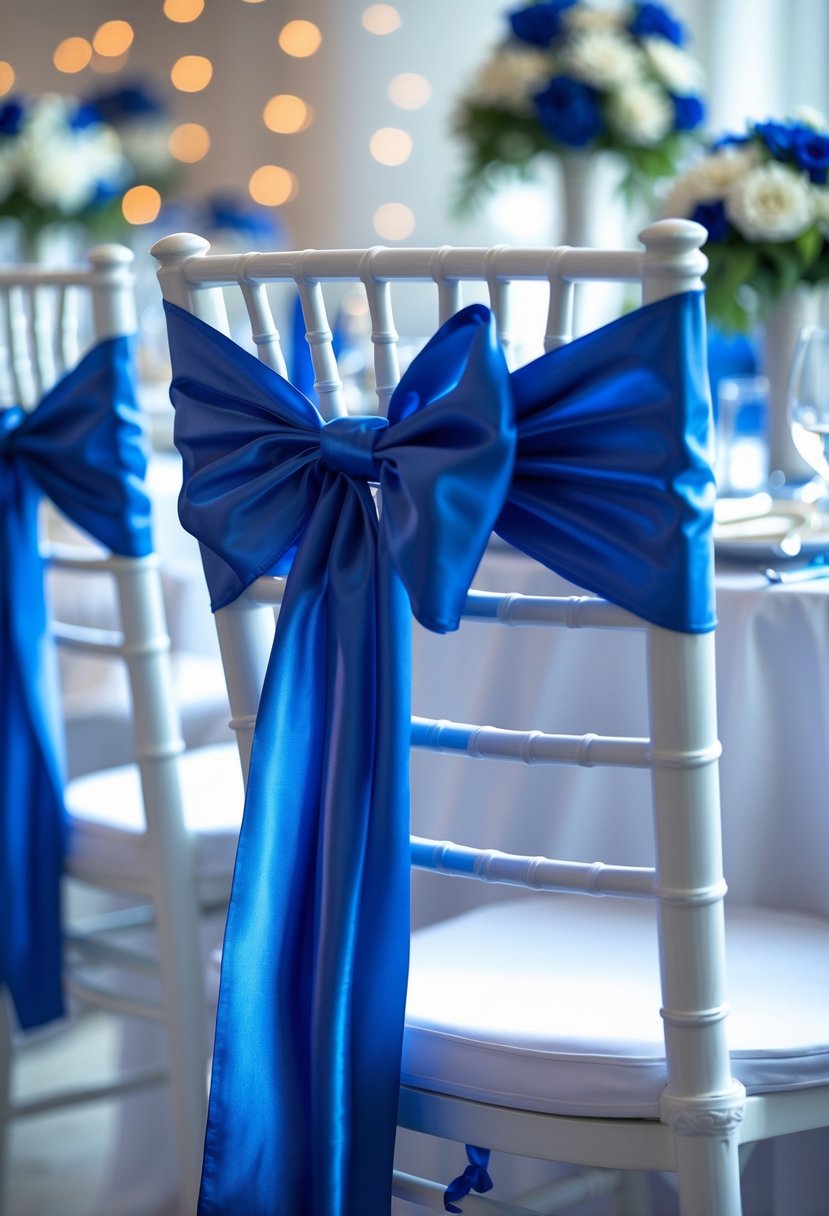 White banquet chairs decorated with sapphire blue satin sashes tied in bows in a bright party setting with floral decorations.