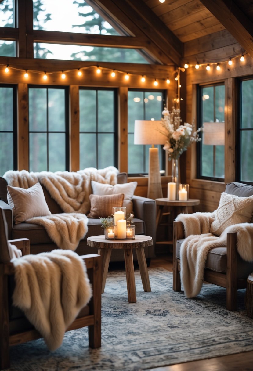 Seating area in a cabin with plush faux fur throws draped over chairs and a sofa, decorated with candles and flowers.