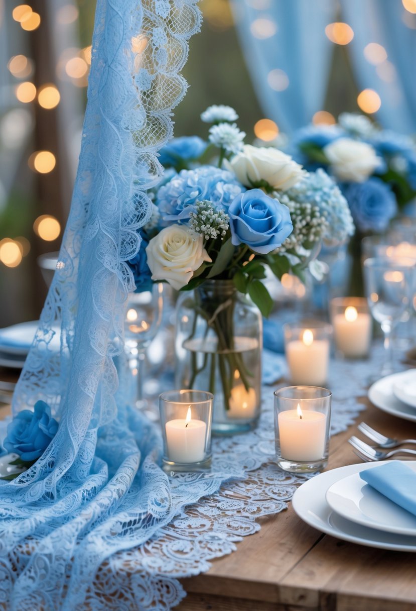 A wooden table covered with a delicate blue lace tablecloth, decorated with white and blue flowers, candles, glassware, and plates for a party.