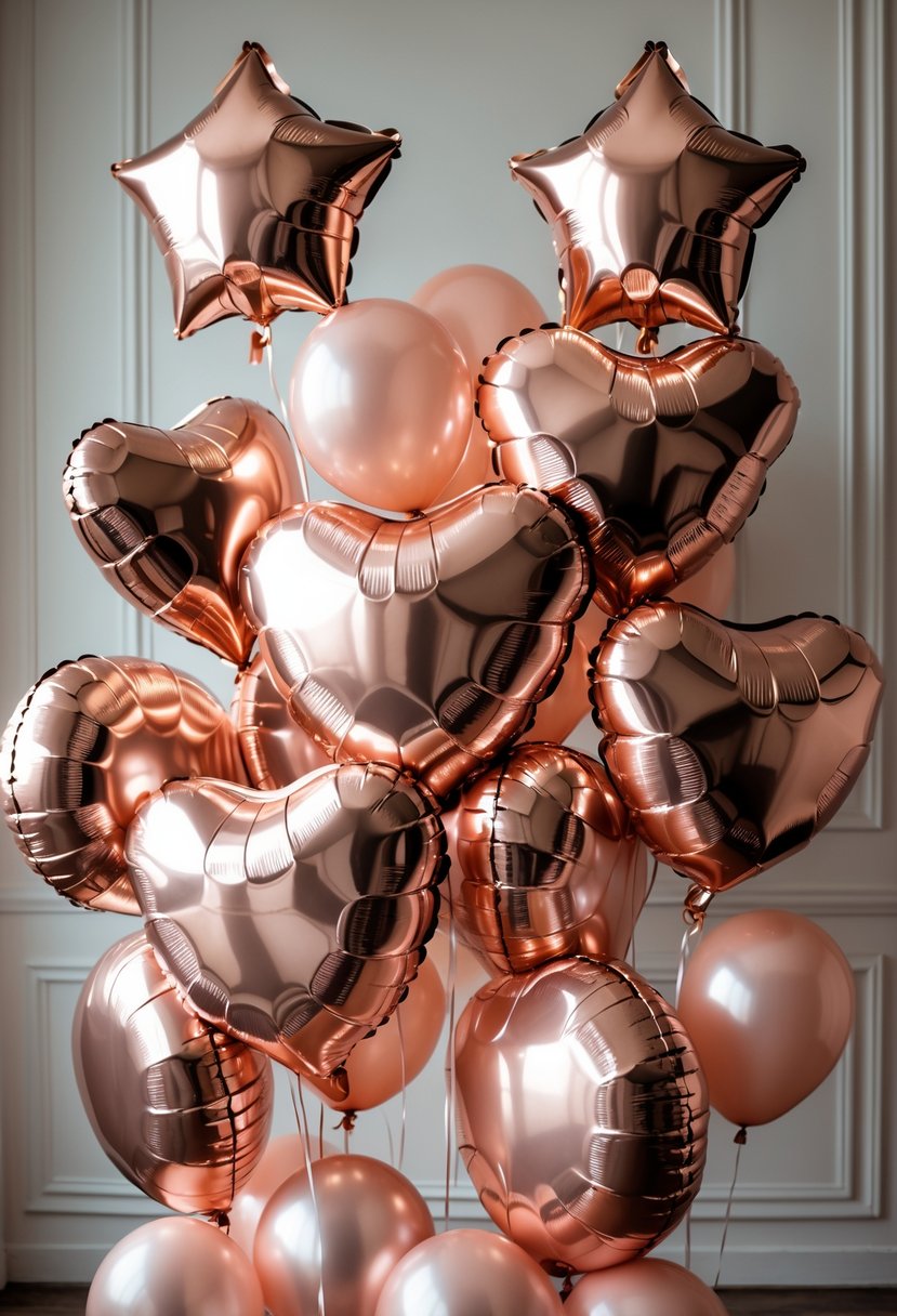 A cluster of shiny metallic rose gold balloons in different shapes arranged together against a soft background.