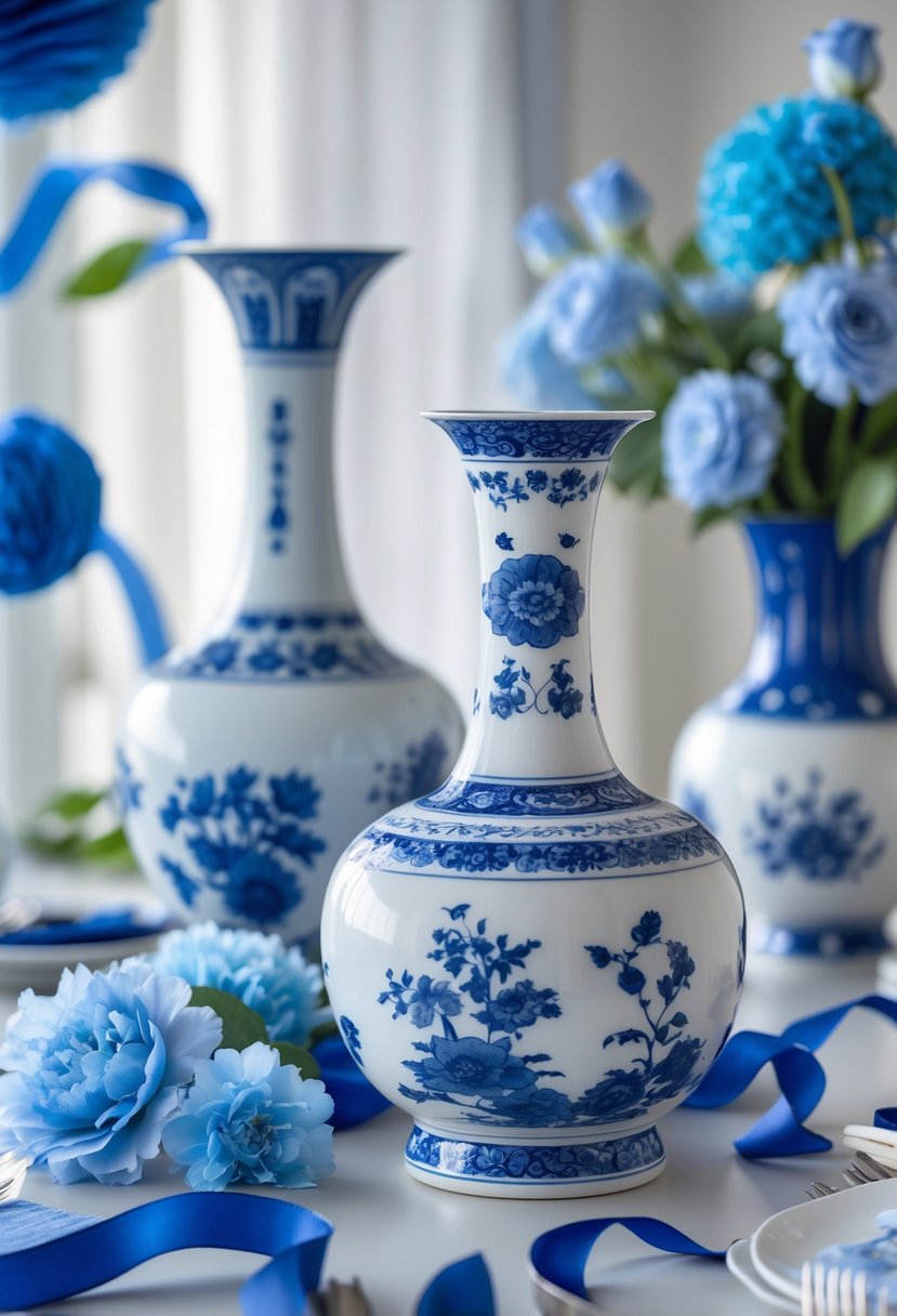 An arrangement of blue and white porcelain vases surrounded by blue bachelorette party decorations on a neutral surface.