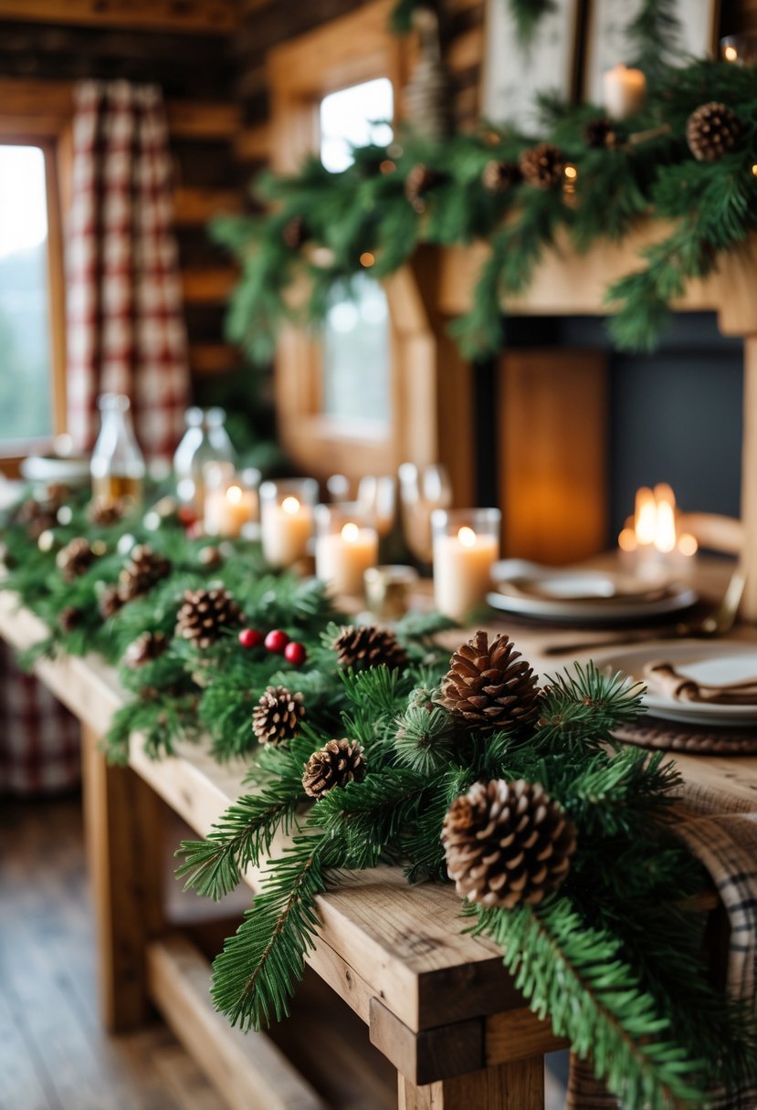 Cozy cabin interior with evergreen garlands decorating wooden tables and mantels, featuring pine branches and pinecones in a warm, inviting setting.
