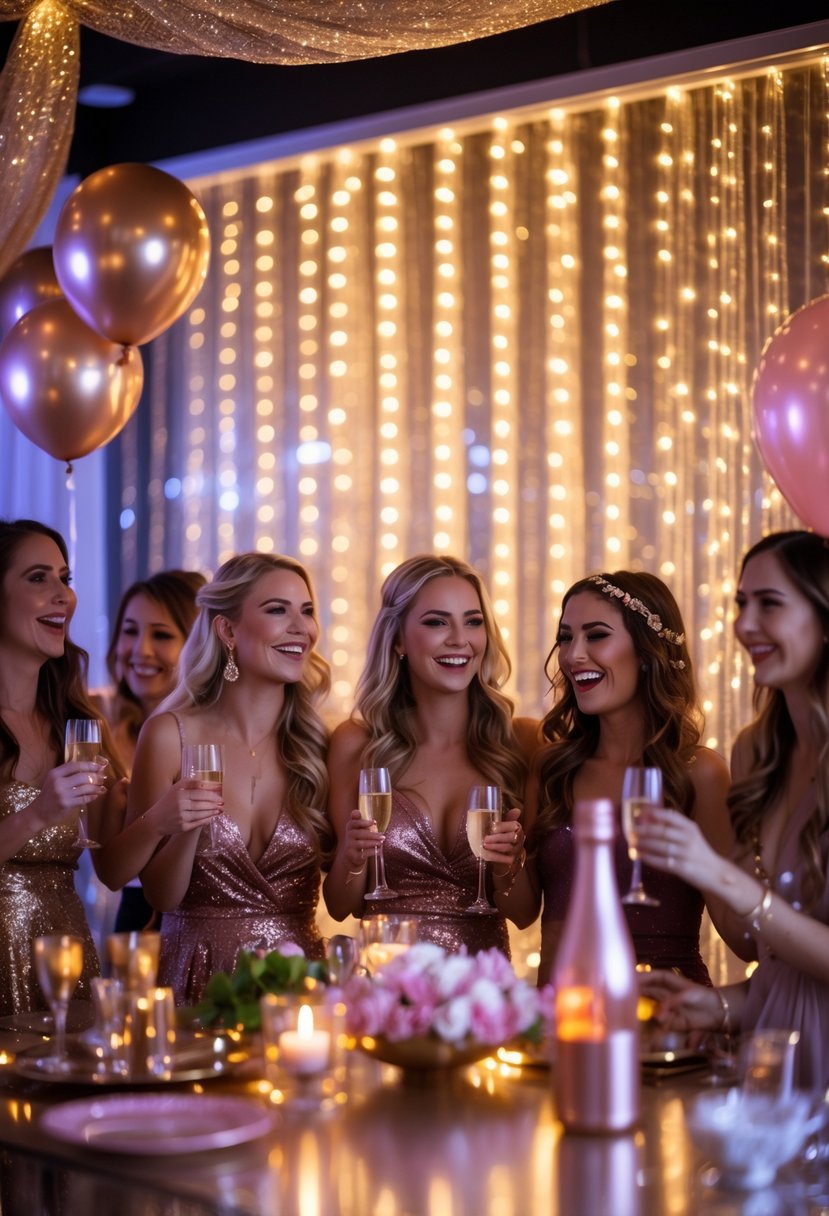 A group of women celebrating at a bachelorette party with glowing LED string curtain lights and elegant decorations in the background.