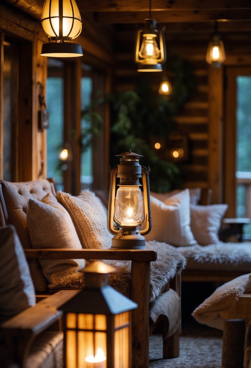 A cozy cabin interior with vintage lanterns softly glowing on rustic wooden furniture and cushions.