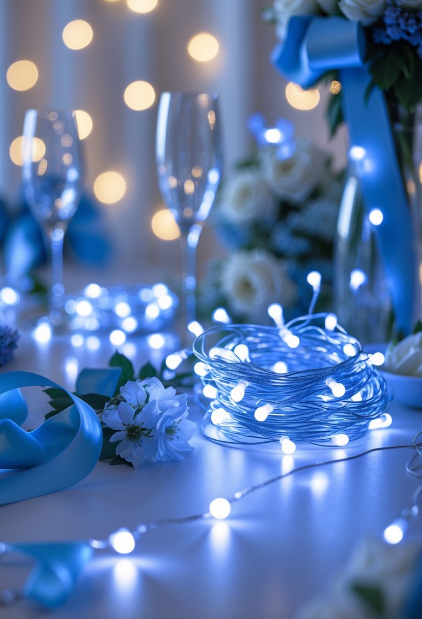 Soft blue LED fairy string lights glowing over a decorated table with flowers and glassware at a bachelorette party.