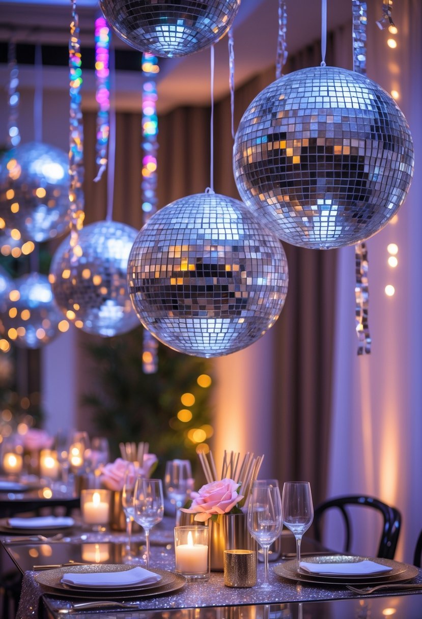 A festive room decorated with multiple mirrored disco balls, metallic streamers, and elegant table settings with candles and glassware.