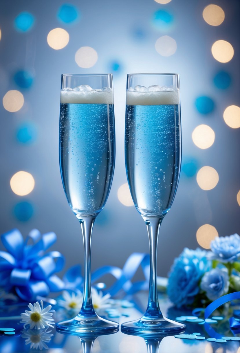 Two blue crystal champagne flutes filled with sparkling champagne on a reflective surface with blue party decorations in the background.