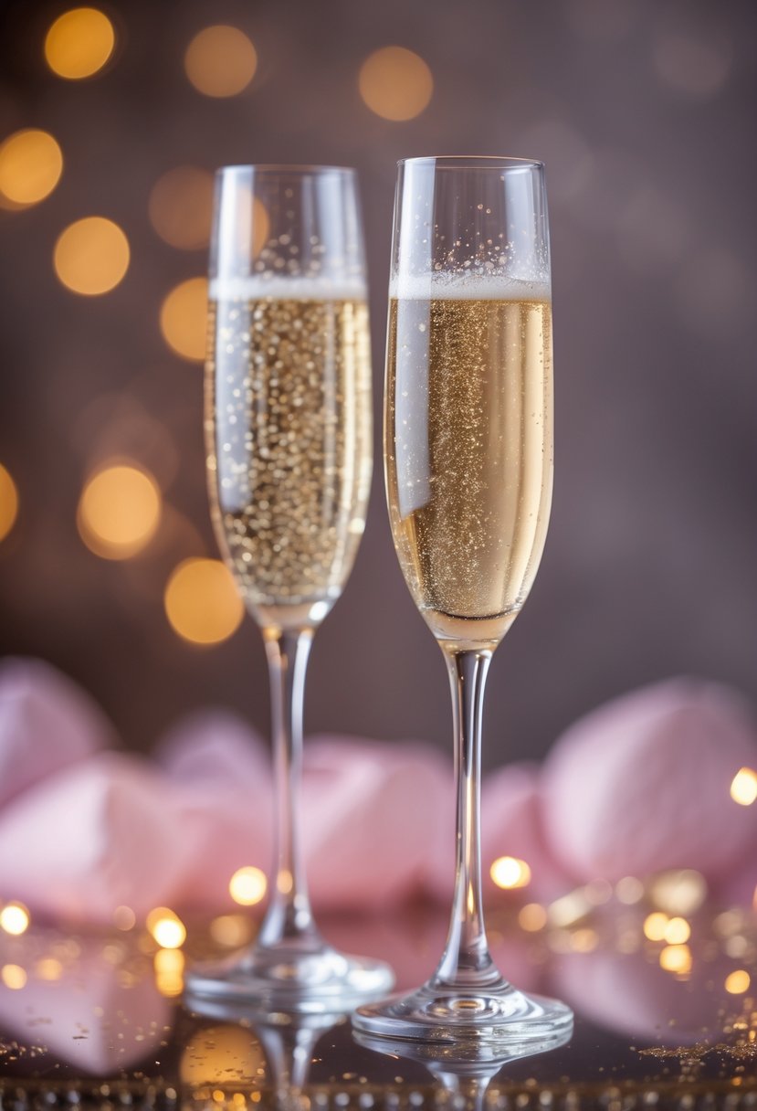 Two glitter-dusted champagne flutes filled with sparkling champagne on a reflective surface with warm glowing lights in the background.