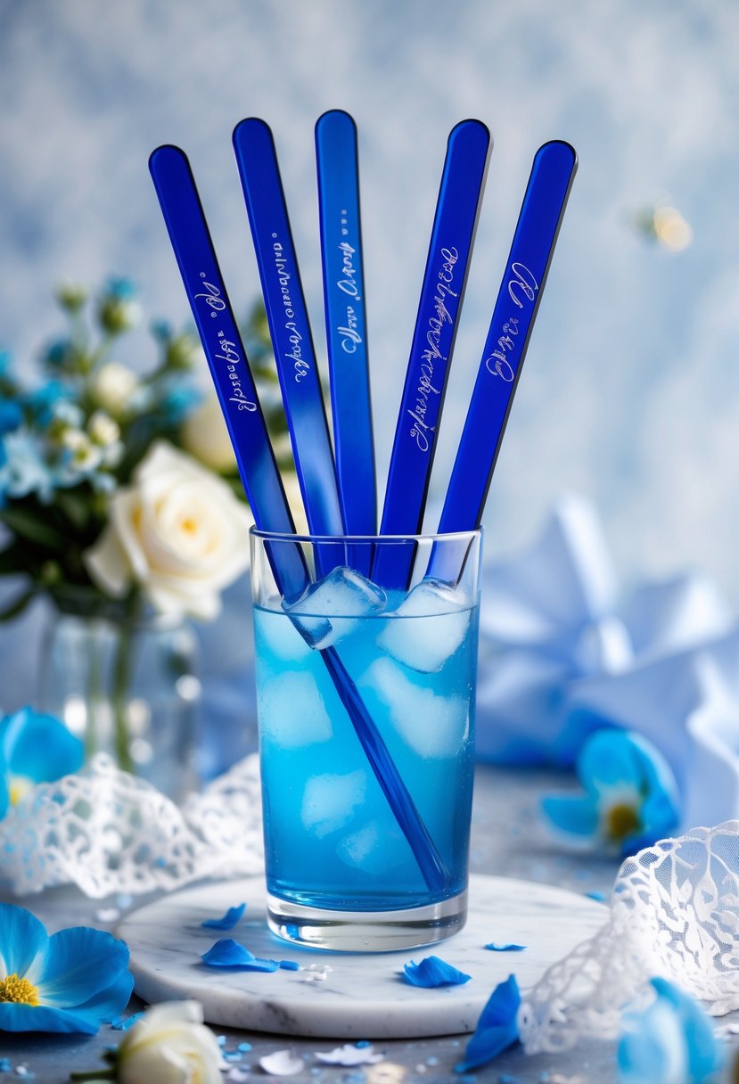 A glass with blue acrylic drink stirrers surrounded by bachelorette party decorations on a marble surface.